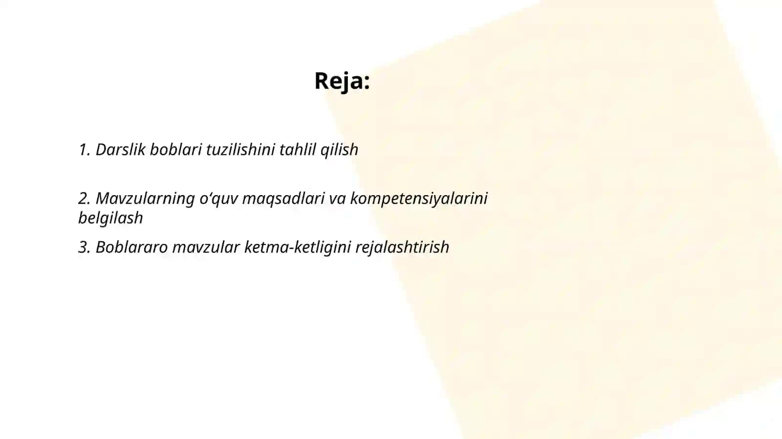 Darslik yoki oʻquv qoʻllanmalar boʻyicha fan boblari va mavzularini oʻrganish 2