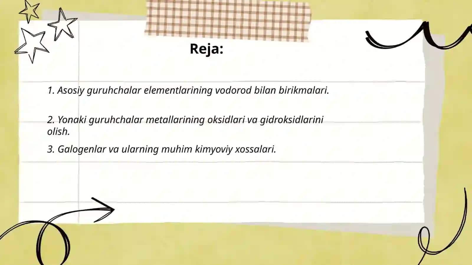 Davriy sistema asosiy va yonaki guruhchalar elementlari oddiq moddalari va birikmalarning olinishi, kimyoviy xossalarini ifodalovchi tenglamalar bo'yicha masalalar yechish 2