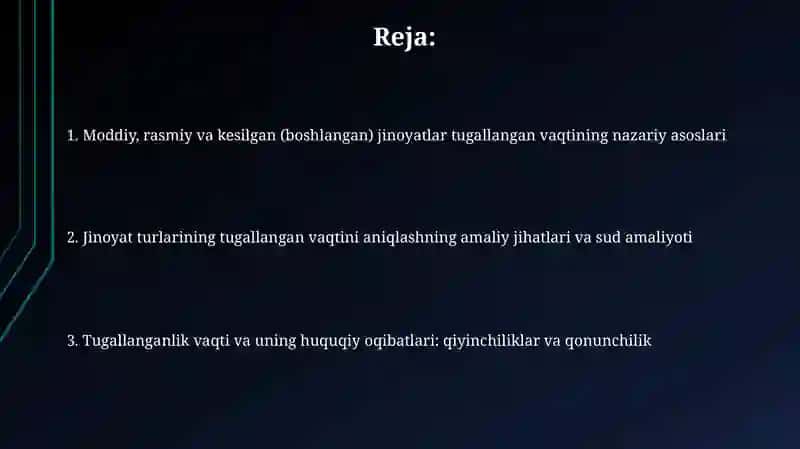 Moddiy, formal va kesik tarkibli jinoyatlarning tamom bo‘lish vaqti mavzusida taqdimot tayyorlash 2
