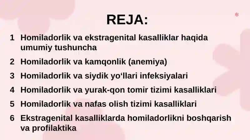 Homiladorlik va ekstragenital kasalliklar kamqonlik siydik yo’li infeksiyasi yurak qon tomir va nafas olish tizimi bilan bog’liq kasalligini boshqarish 2