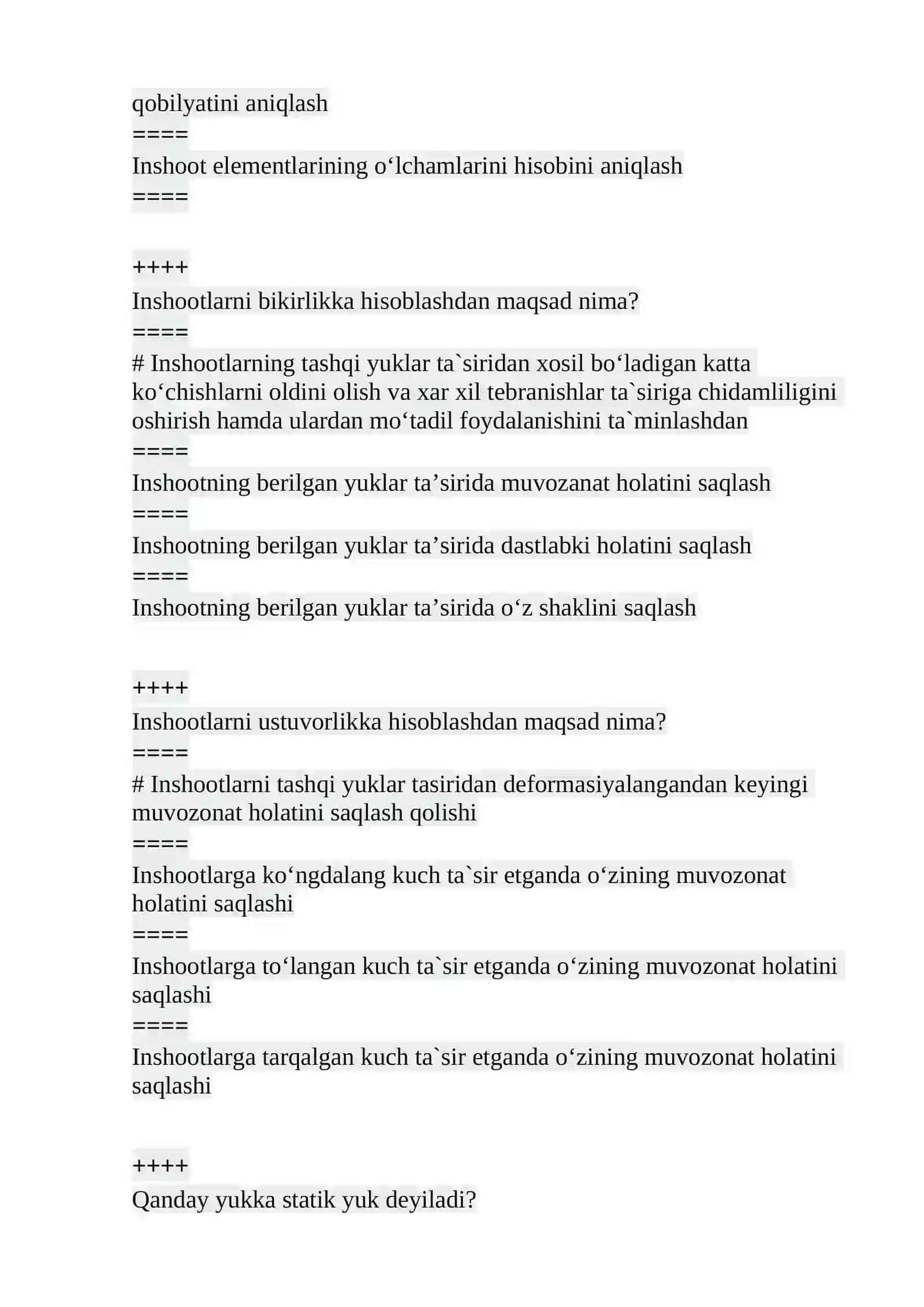 Qurilish mexanikasi fanidan test, javoblari bilan! 2
