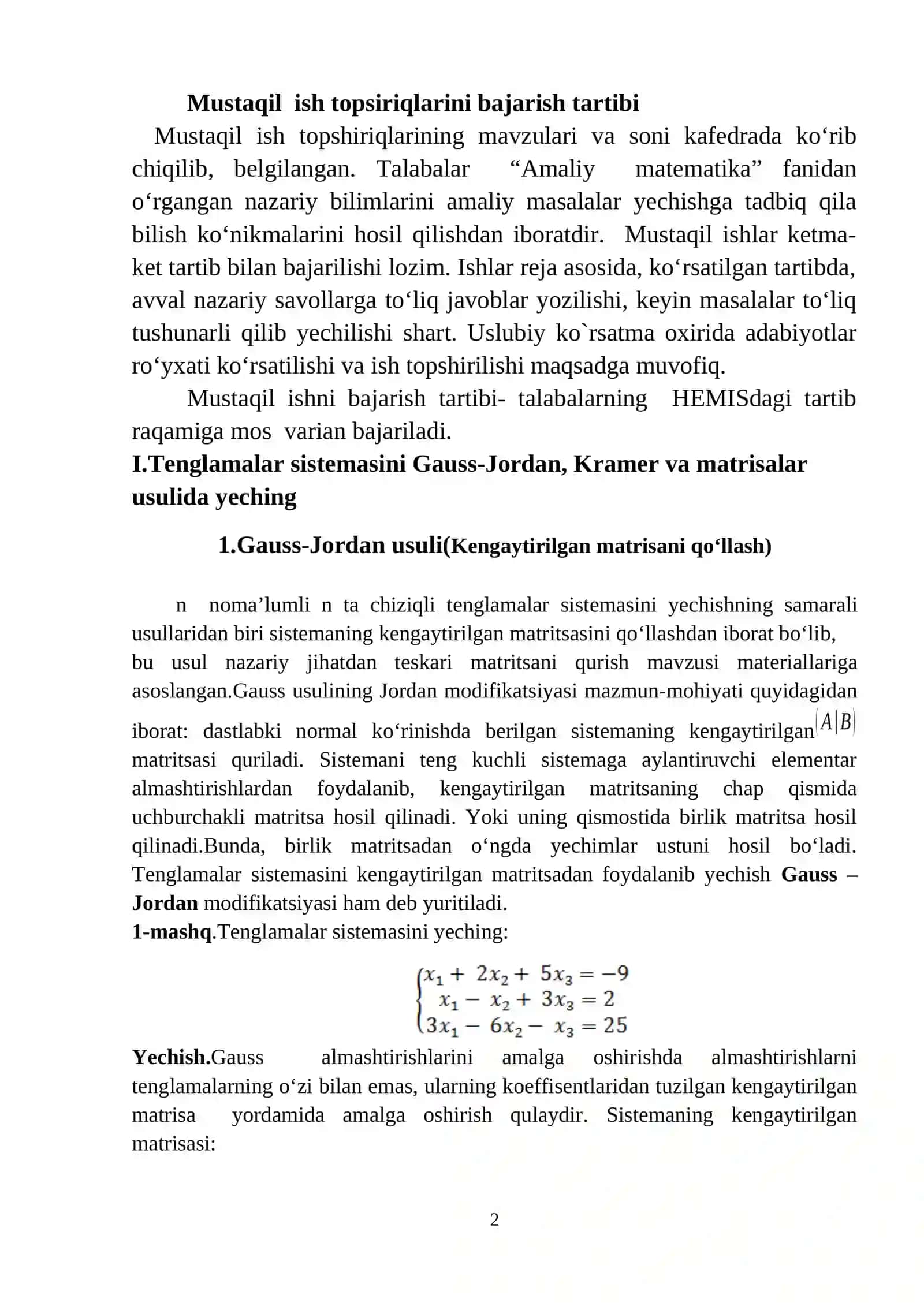 Amaliy matematika fanidan mistaqil ish topshiriqlari bo‘yicha uslubiy ko‘rsatma 2