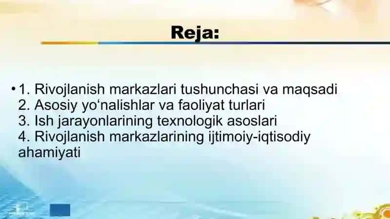 Rivojlanish markazlarida olib boriladigan ish jarayonlari 2