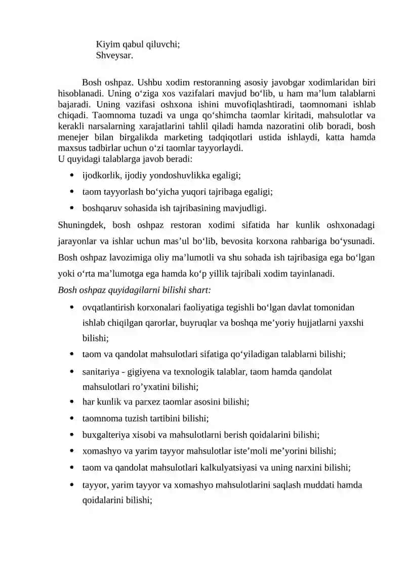 RESTORAN BIZNESIDA XIZMAT KO‘RSATUVCHI XODIMLARNING VAZIFALARI 2