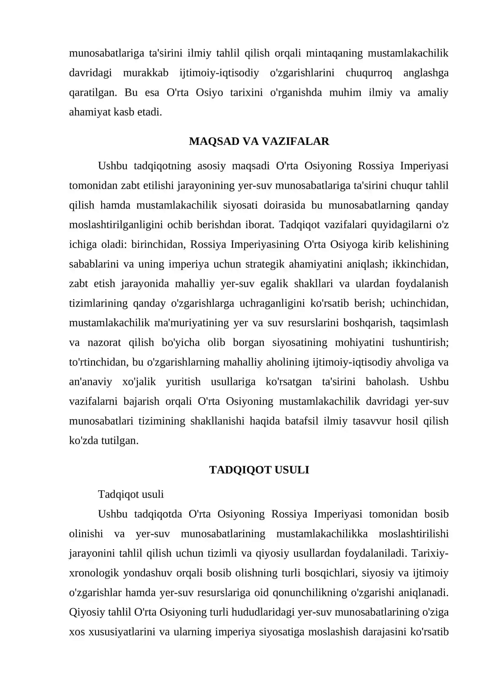 O'RTA OSIYONING ROSSIYA IMPERIYASI TOMONIDAN ZABT ETILISGI VA YER-SUV MUNOSABATLARINING MUSTAMLAJACHILIKKA MOSLASHTIRILISHI 2