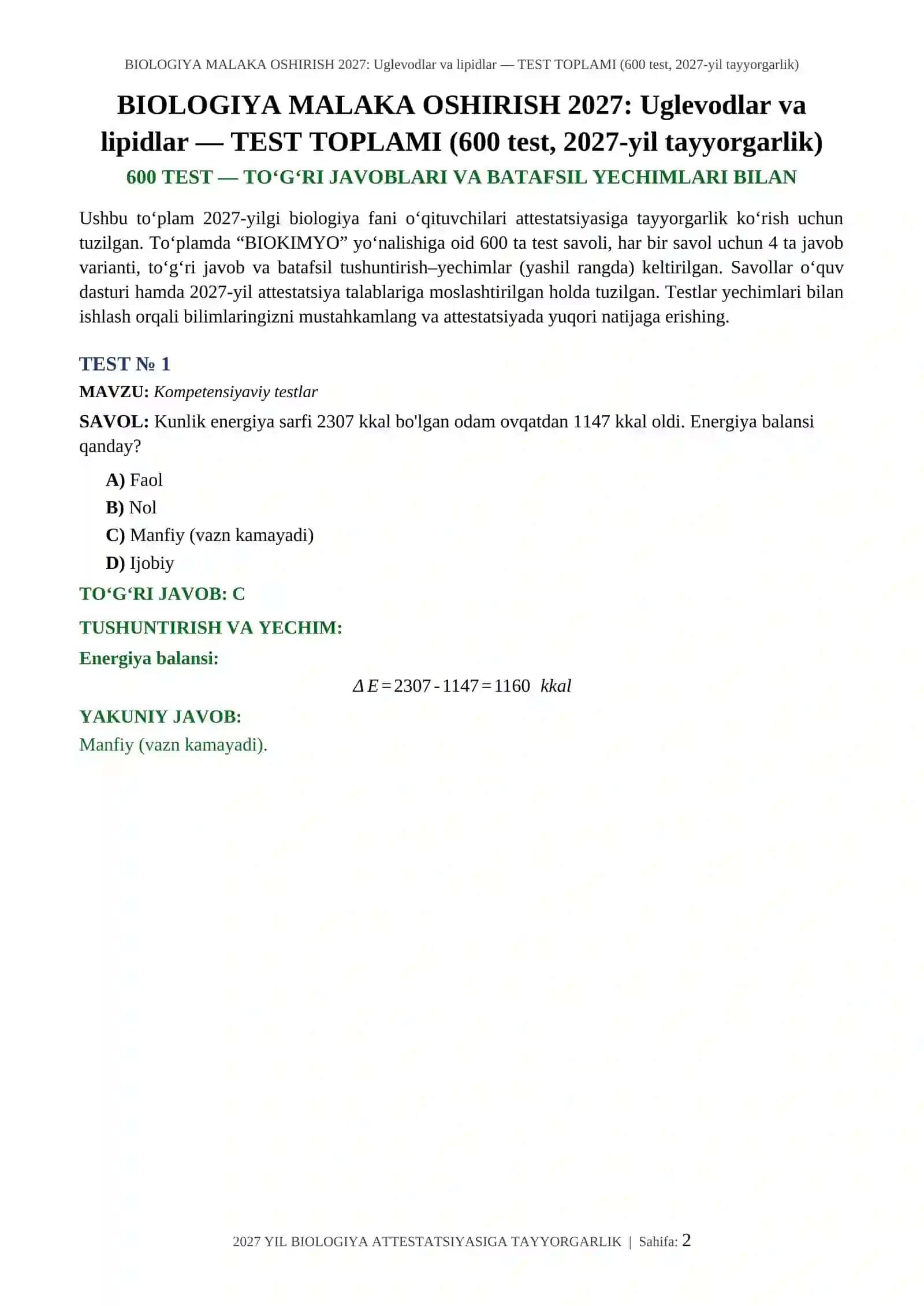 BIOLOGIYA MALAKA OSHIRISH 2027: Uglevodlar va lipidlar — TEST TOPLAMI (600 test, 2027-yil tayyorgarlik) 2
