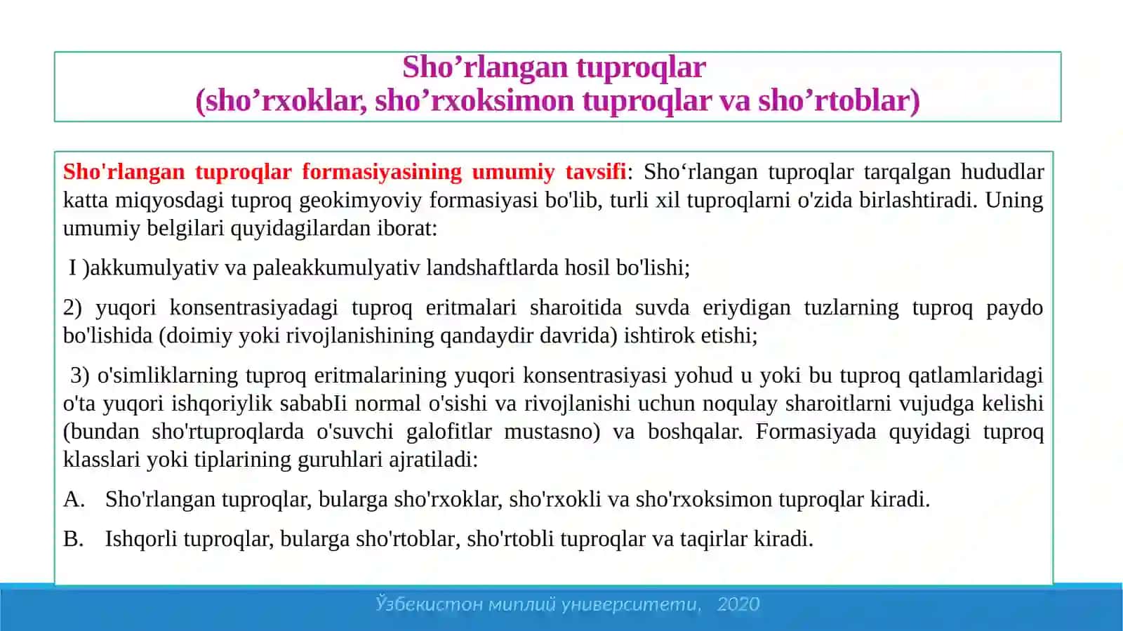 SHO'RLANGAN TUPROQLAR (SHO'RXOKLAR, SHO'RXOKSIMON TUPROQLAR VA SHO'RTOBLAR) 2