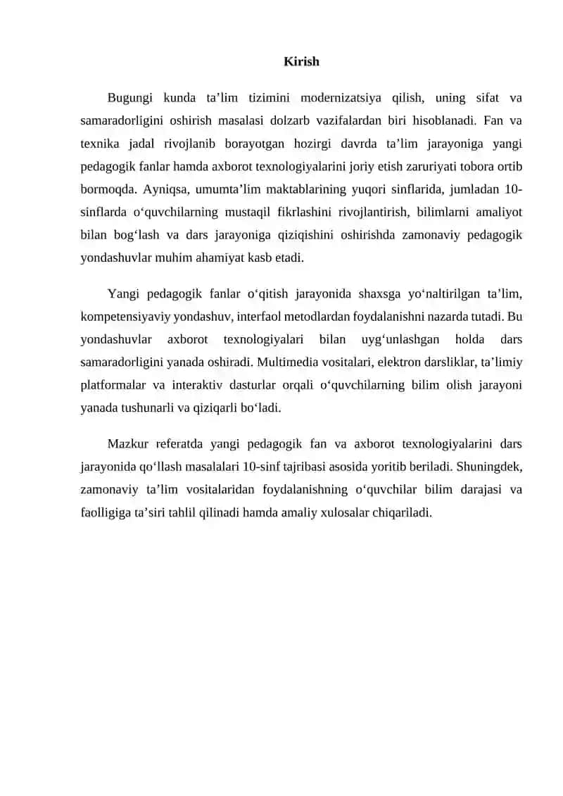 “Yangi pedagogik fan va axborot texnologiyalarini dars jarayonida qo‘llash (10-sinf tajribasi asosida)” 2
