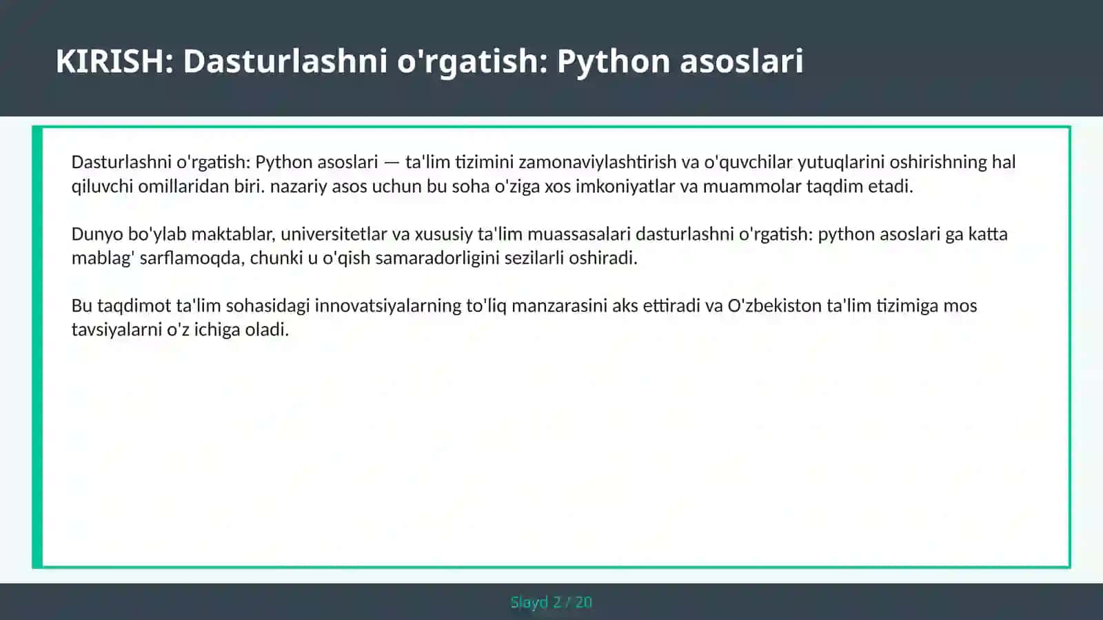 Dasturlashni o'rgatish: Python asoslari 2