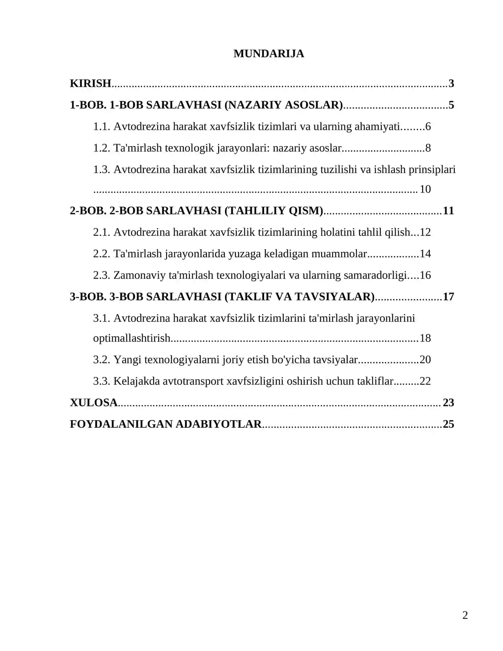 Avtodrezina harakat xavfsizlik tizimi ta’mirlash texnologik jarayonlarini ishlab chiqish 2