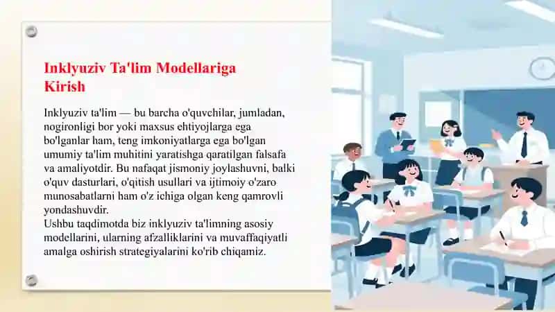 Inklyuziv ta'lim modellari.O'zbekistonda teng huquqli ta'limga yo'l 2