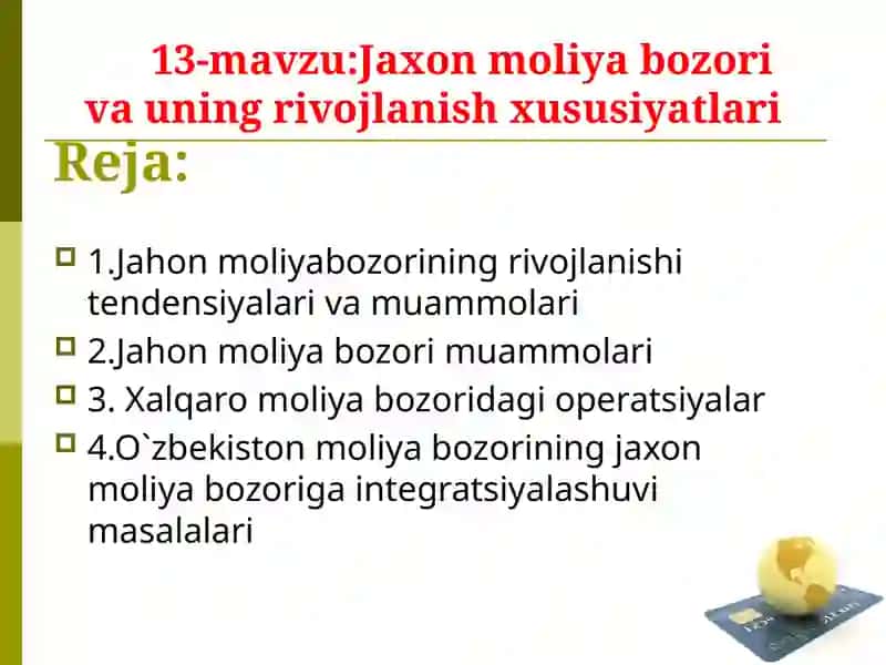 Jahon moliya bozorining rivojlanishi tendensiyalari va muammolari 2