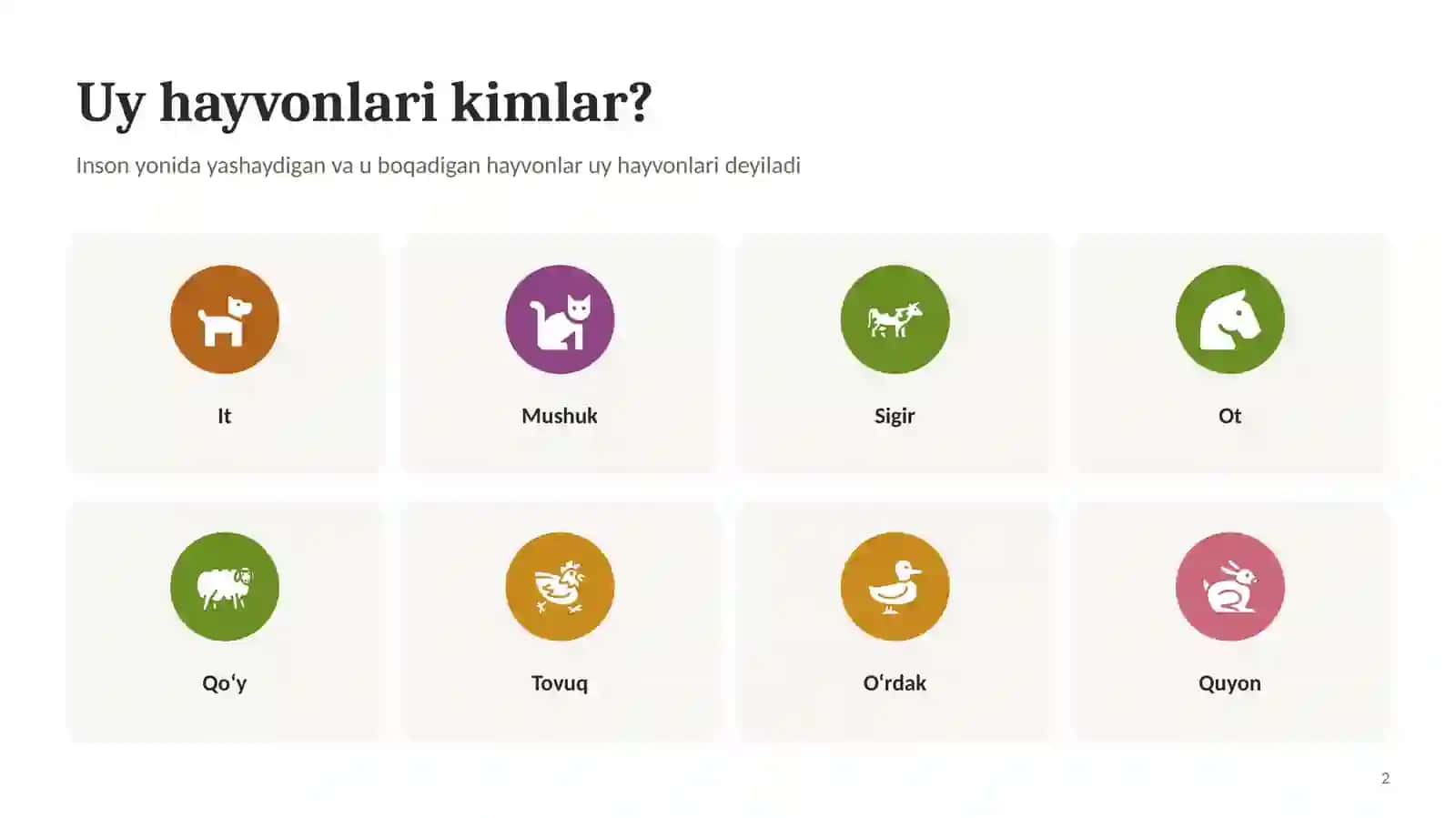 Uy hayvonlari. Bog`cha uchun. 2