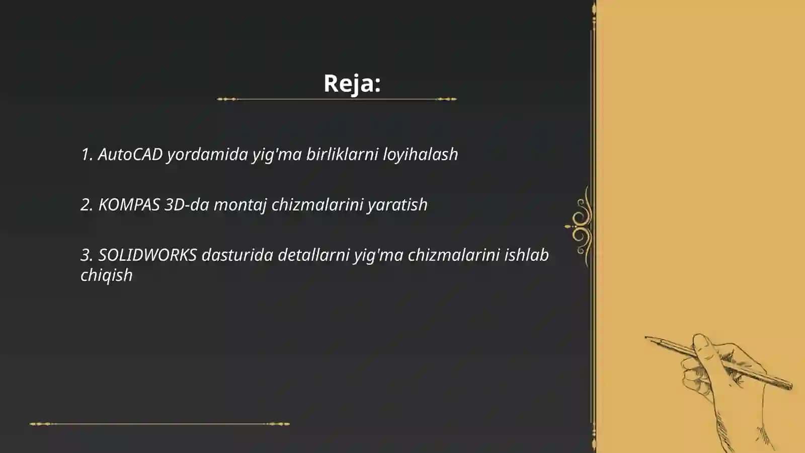 Grafik dastur(AutoCAD,KOMPAS 3D,SOLIDWORKS)yordamida detallarni yig'ma birliklarini rasmiylashtirish 2