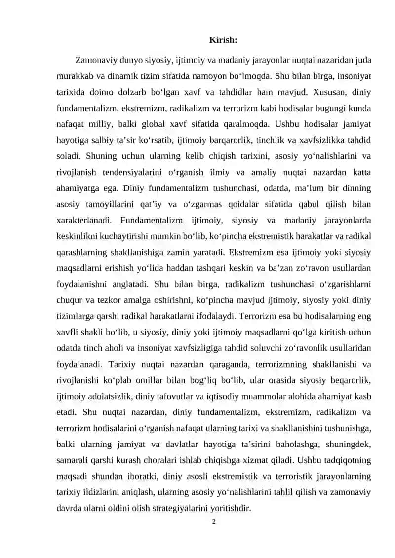 Diniy fundamentalizm, ekstremizm, radikalizm va terrorizmning tarixi va yo'nalishlari. 2