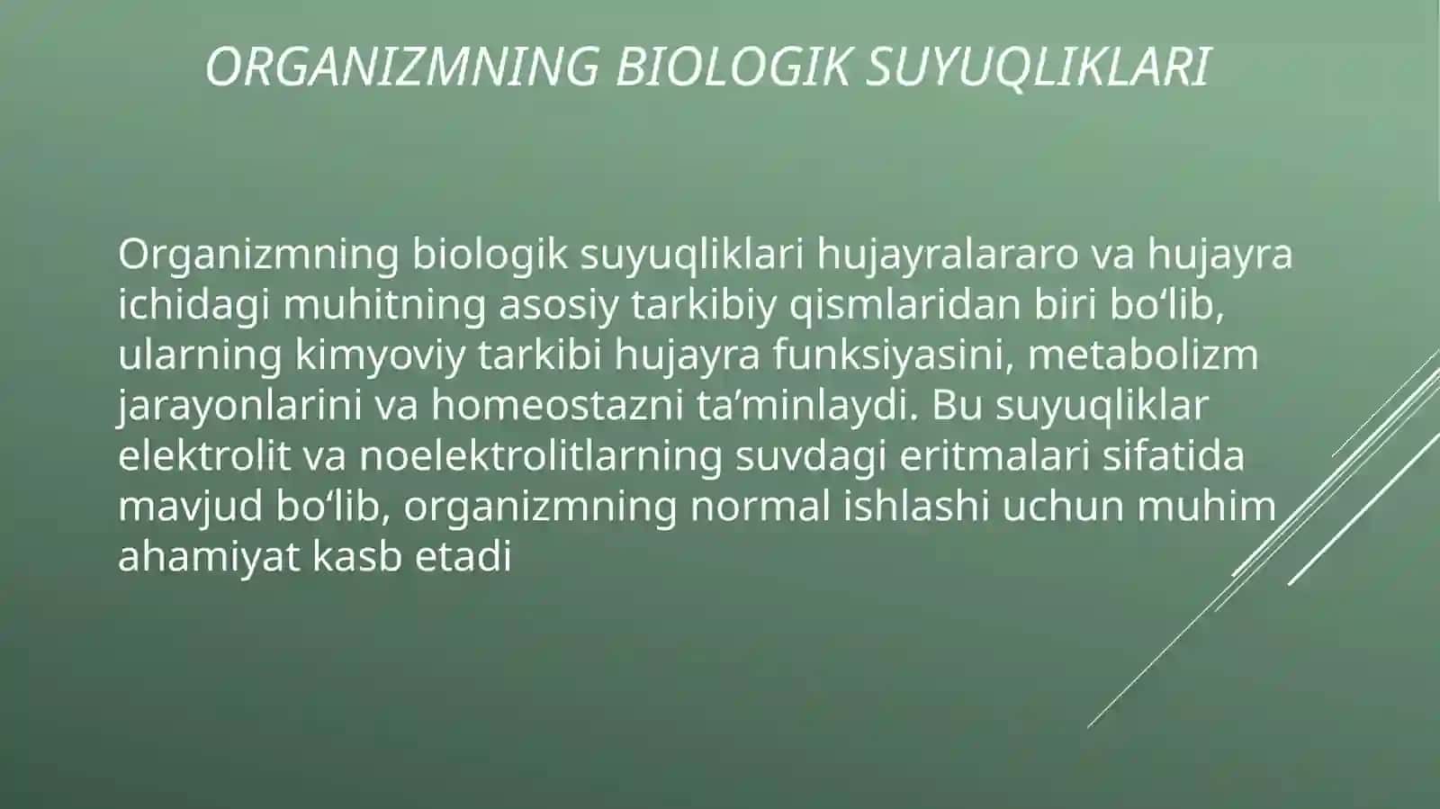 ORGANIZMNING BIOLOGIK SUYUQLIKLARI ELEKTROLIT VA NOELEKTROLITLAR ERITMALARI SIFATIDA 2