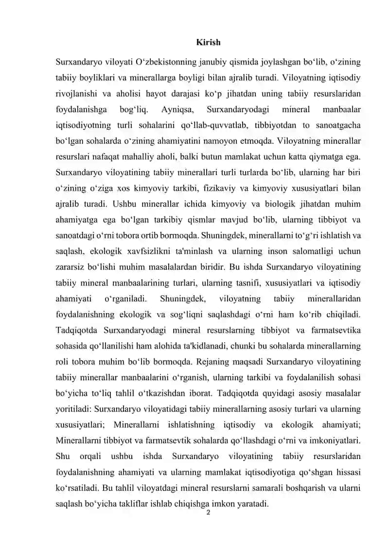 Surxandaryo viloyatining tabiiy mineral manbaalari, ularning iqtisodiy va ekologik ahamiyati kurs ishi 2