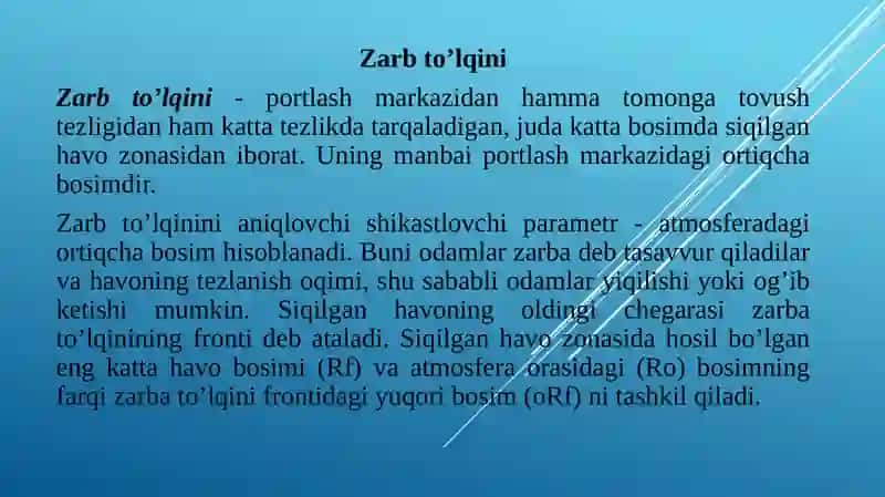 To'lqin zarbi. Jabrlanish zonalari tavsifi. Yorug'lik ajralishi. O'tuvchi nurlanish. 2