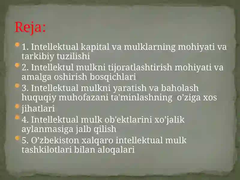 Intellektual kapital va intellektual mulk nishakllantirish va boshqarish 2
