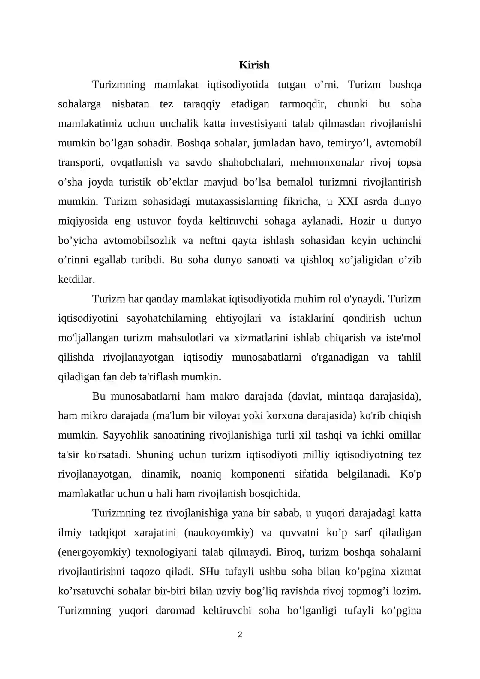 Turizmning globallashish jarayonida davlatlar iqtisodiyotida tutgan o’rni 2