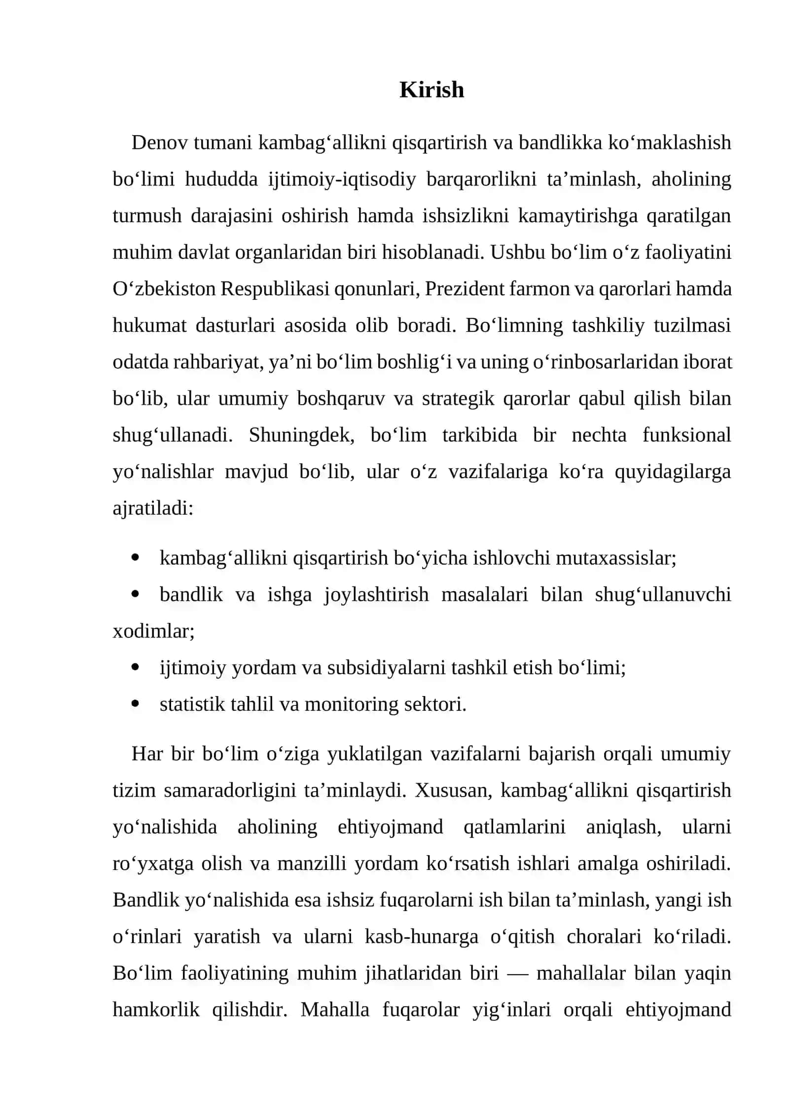 kambag‘allikni qisqartirish va bandlikka ko‘maklashish bo‘limi namuna hisobot 2