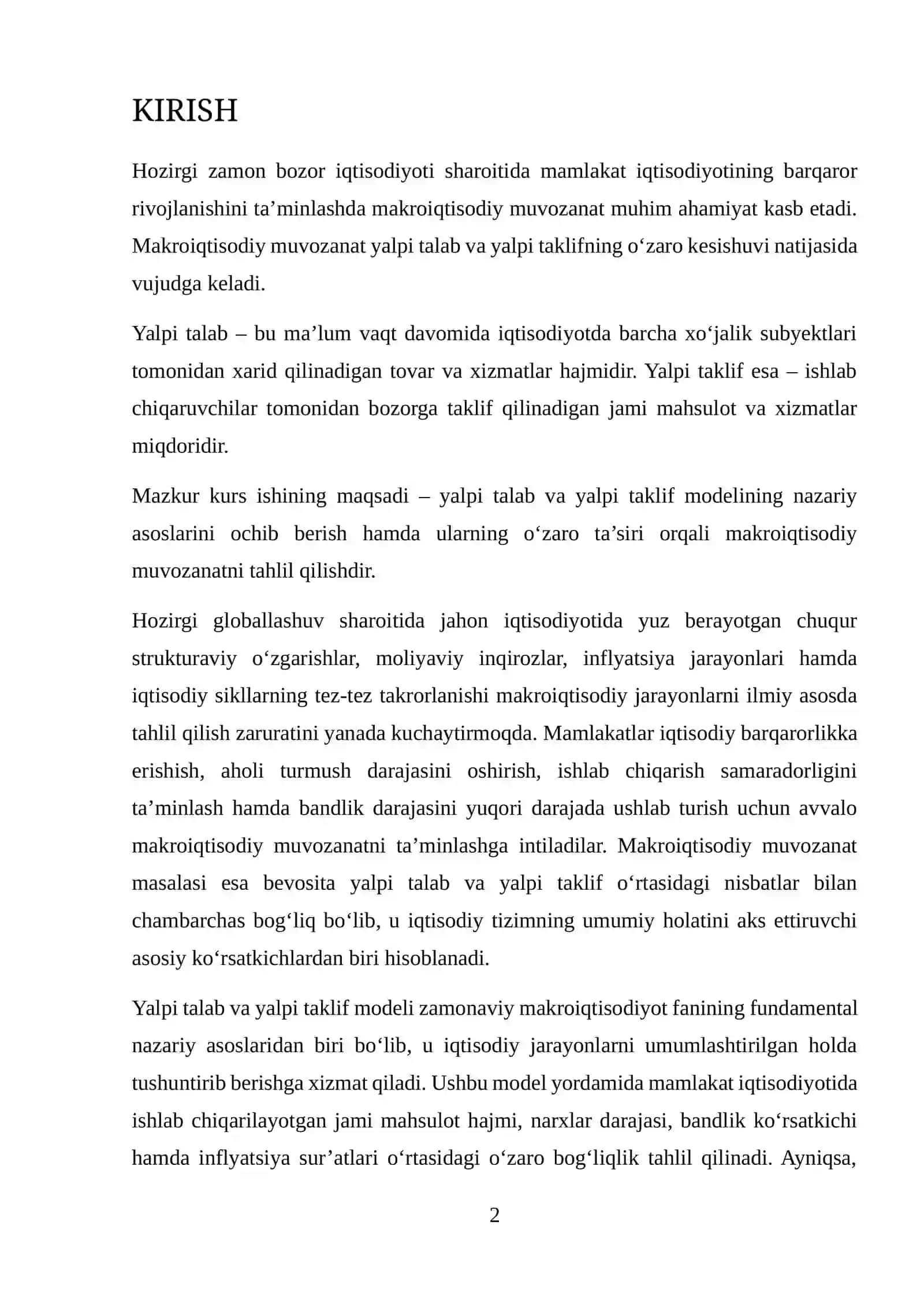 Yalpi talab va yalpi taklif modelida makroiqtisodiy muvozanat 2