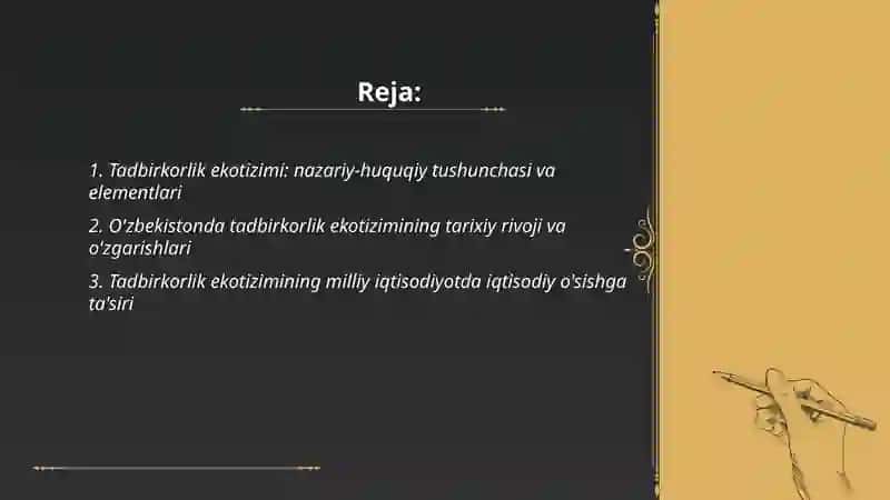 Tadbirkorlik ekotizimi va uning milliy iqtisodiyotdagi o'rni: O'zbekiston misolida tahlil 2