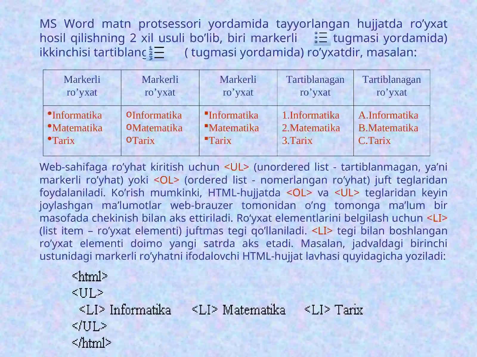 Web-sahifaga ro`yxat joylashtirish 2