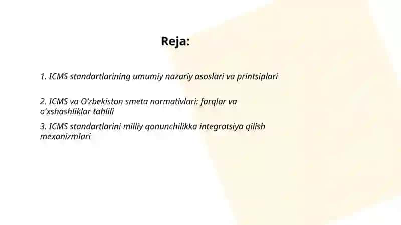 Smeta normalar bazasini takomillashtirish istiqbollari: xalqaro ICMS standartlari moslashuvi 2
