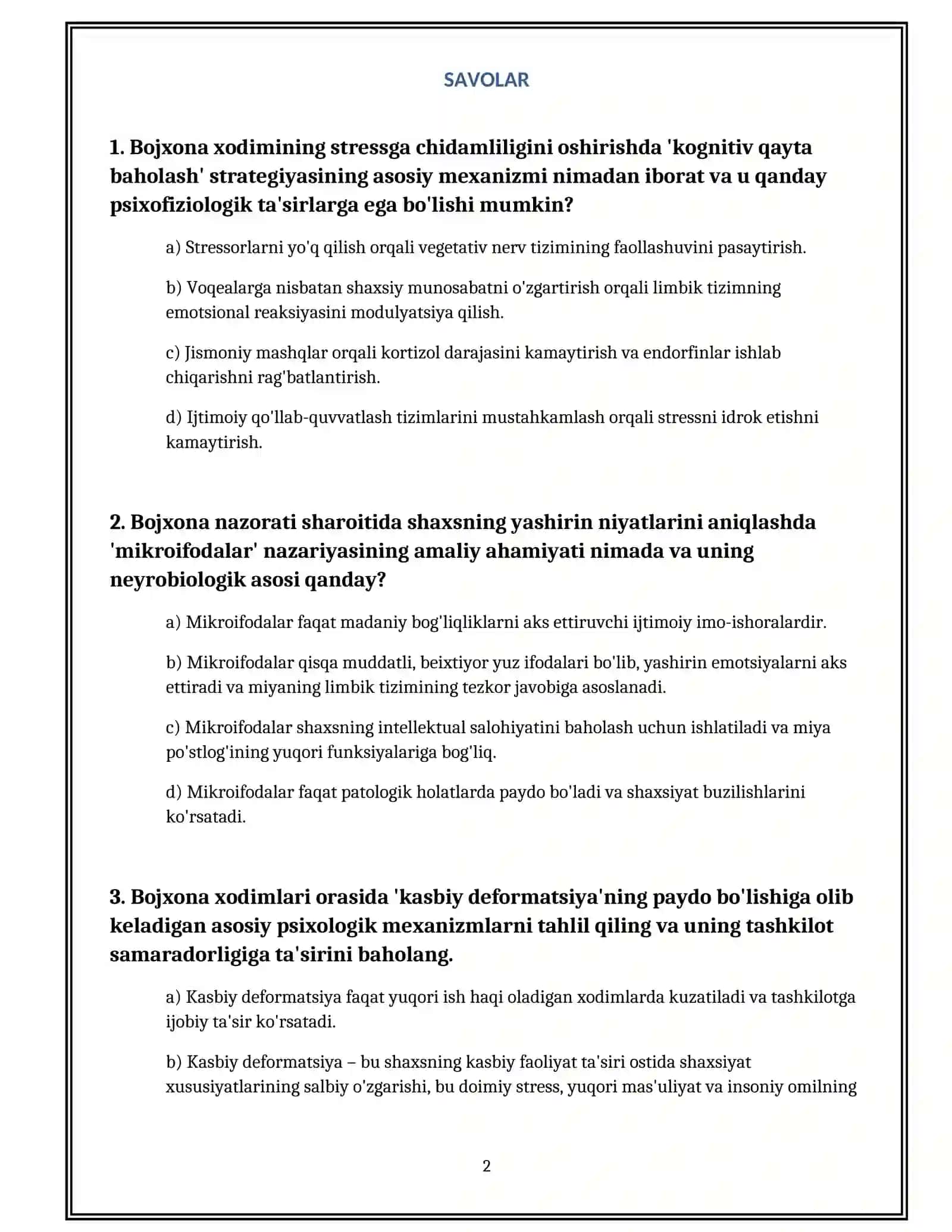 BOJXONA PSIXOLOGIYA TEST SAVOLLARI 50 TA JAVOBI BILAN 2