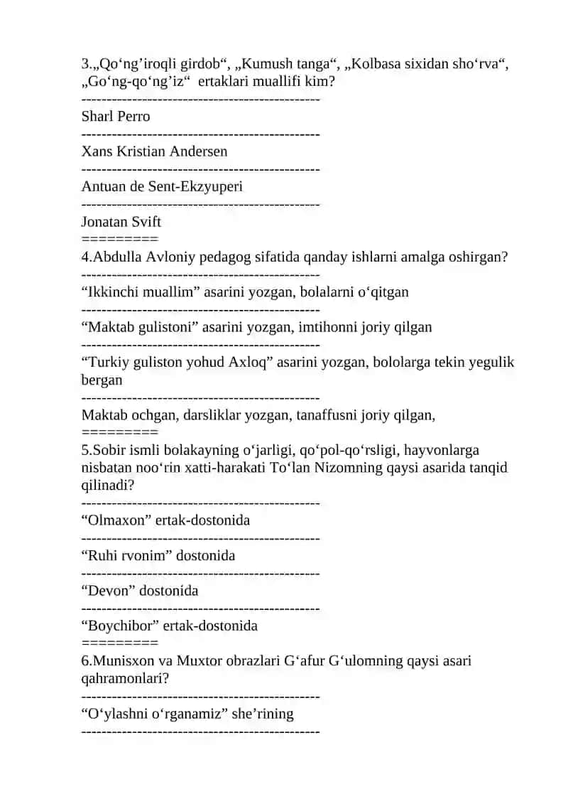 bolalar adabiyoti fanidan testlar 2