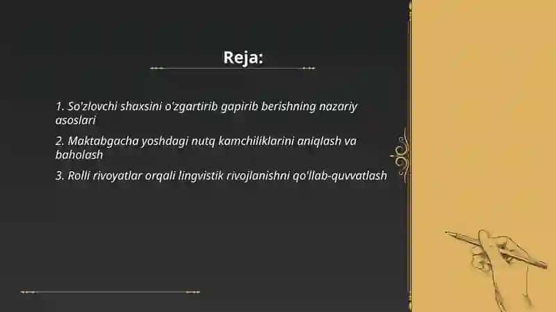 Badiiy asarlarni so'zlovchi shaxsini o'zgartirib gapirib berish, maktabgacha yoshdagi nutq kamchiligiga ega bolalarning aqliy faolligini oshirish vositasi sifatida 2