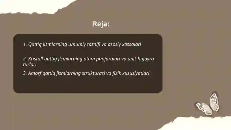Qattiq jismlar. Kristal va amorf qattiq jismlar. Polimerlar. Suyuq kristallar. Qattiq jism va organizm to'qimalarining mexanikaviy xossalari. Hasanov Og'abek 2