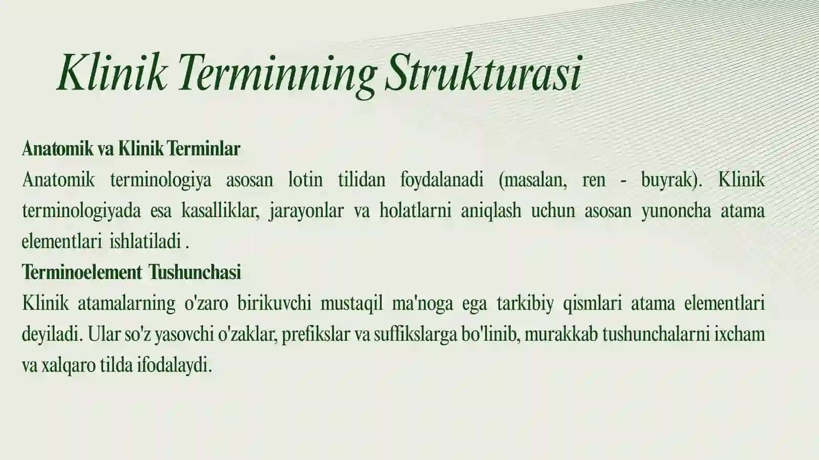 KLINIK TERMINLAR YASOVCHI ATAMA ELEMENTLAR.A'ZO VA BOSH QISMLARNI IFODALOVCHI YUNON- LOTIN DUBLETLARI. ILMNI, FANNI,DIAGNOSTIK USULLARNI, DAVOLASHNI, IZTIROBNI, KASALLIKLARNI IFODALOVCHI YUNON ATAMA ELEMENTLARI 2
