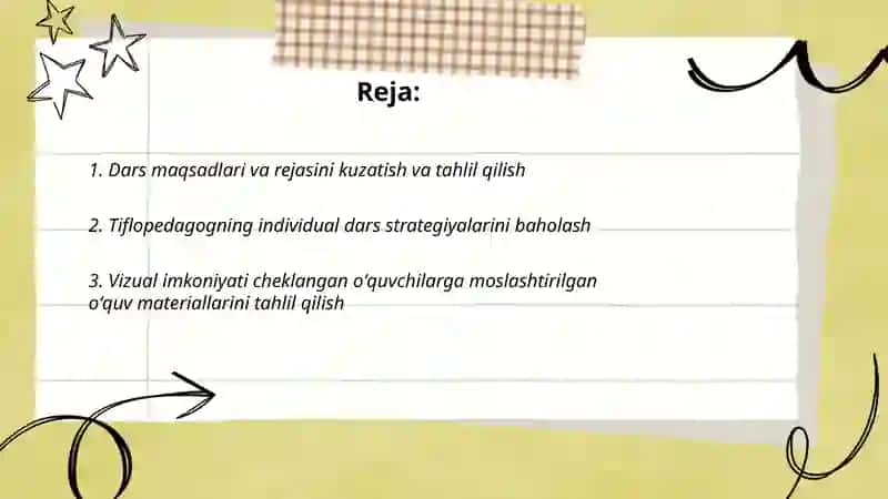 Tiflopedagog-oʻqituvchi darslarini kuzatish va tahlil qilish 2