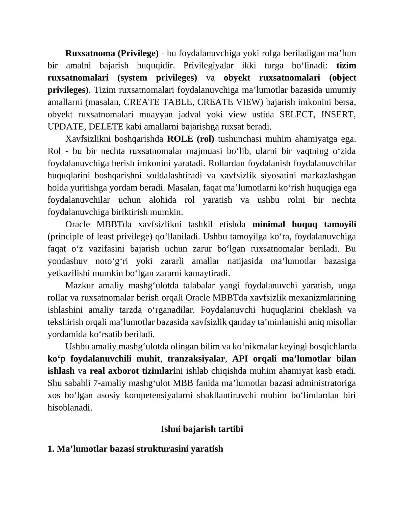 MBBT xavfsizligi. Yangi foydalanuvchi yaratish, unga rollar va ruxsatnomalar berish 2