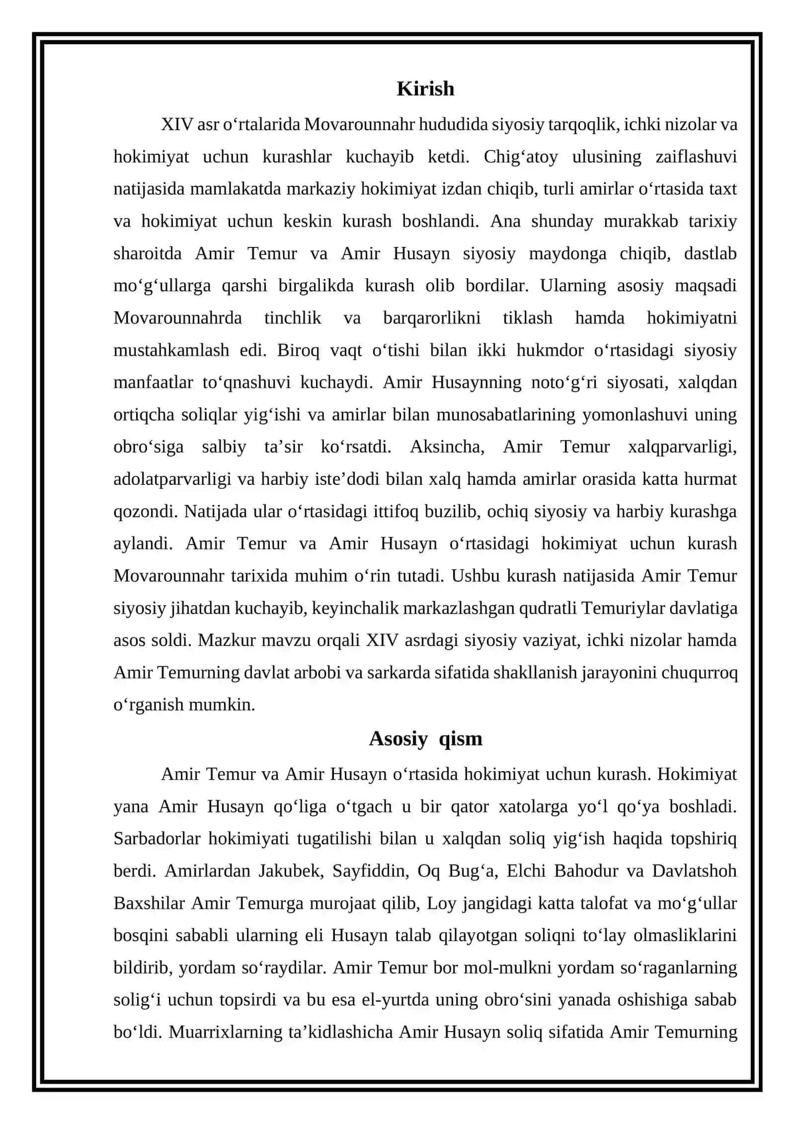 Amir Temur va Amir Husayn o‘rtasida hokimiyat uchun kurash mavzusida referat tayyorlash 2