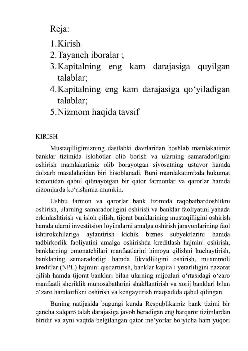 Markaziy bank tomonidan tijorat banklari faoliyatini iqtisodiy normativlar orqali tartibga solishda kapital yetarligiga qo’yilgan talablar 2