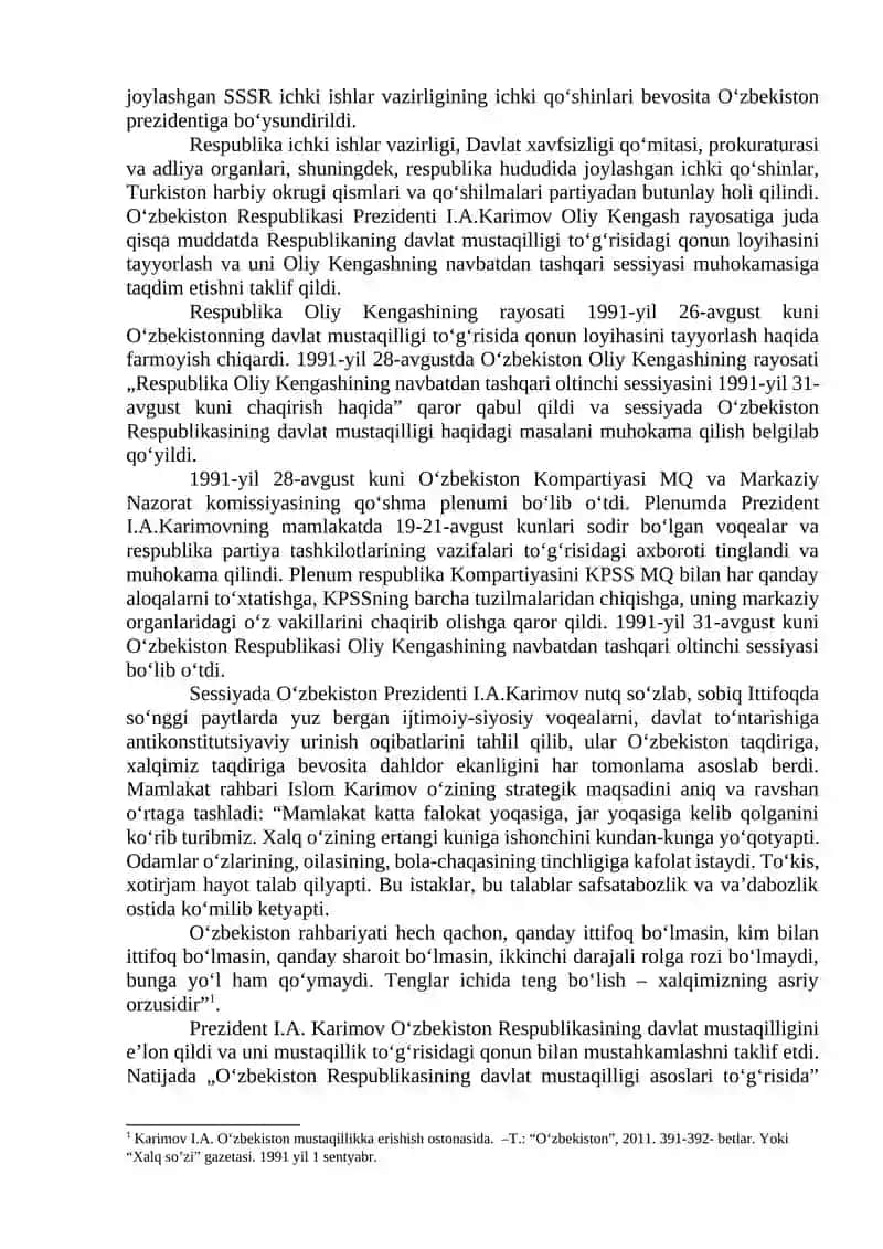 Mustaqil O‘zbekiston Respublikasi tashkil topishining tarixiy ahamiyati. O‘zbekistonning o‘ziga xos istiqlol va taraqqiyot yo‘li 2