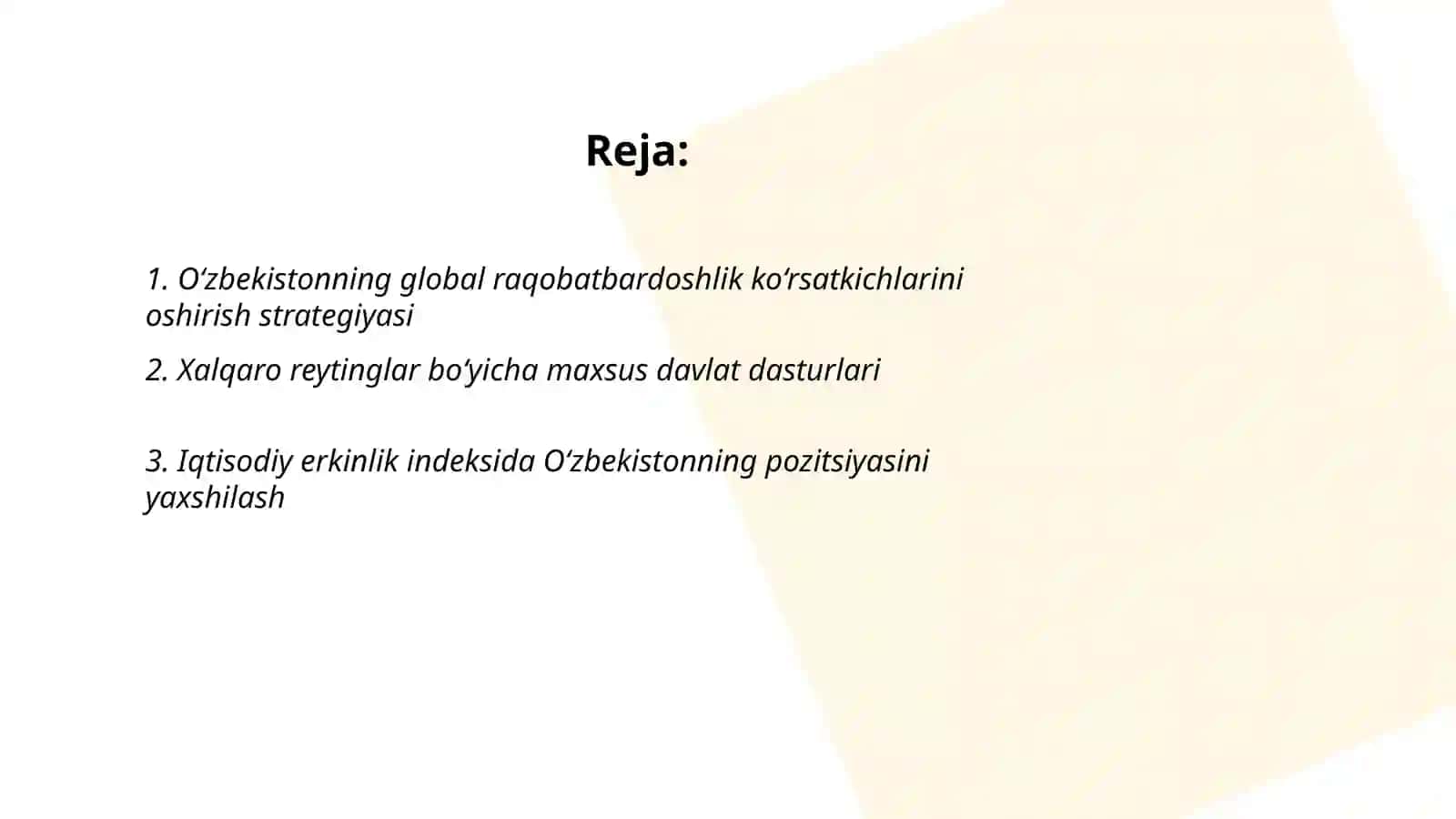 O’zbekiston respublikasining xalqaro reyting va indekslardagi o’rnini yaxshilash borasidagi davlat siyosati, qabul qilingan huquqiy – normativ hujjatlar 2