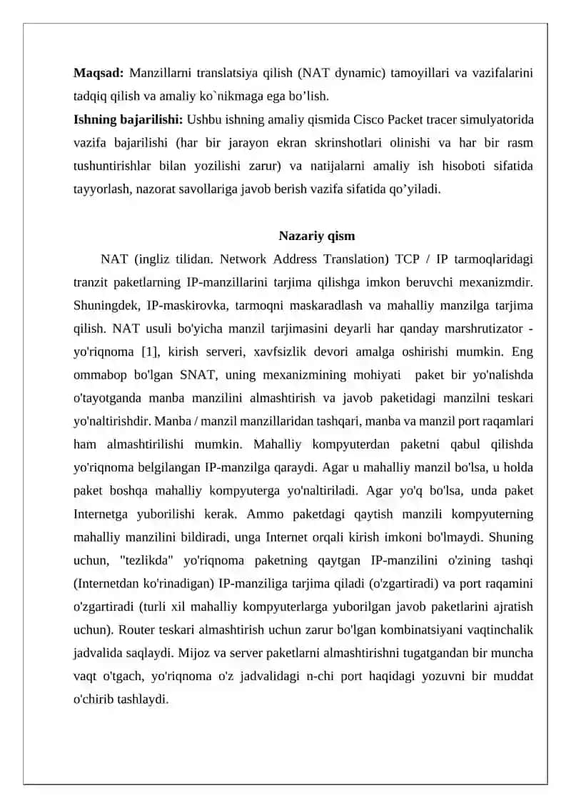 MARSHRUTIZATORLARDA NAT (DYNAMIC) TEXNOLOGIYASINI SOZLASH 2