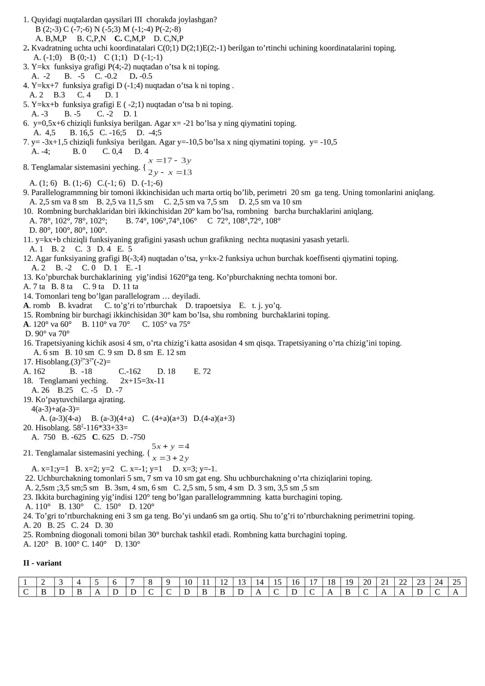 Matematika fanidan 8- sinf test savollari 2