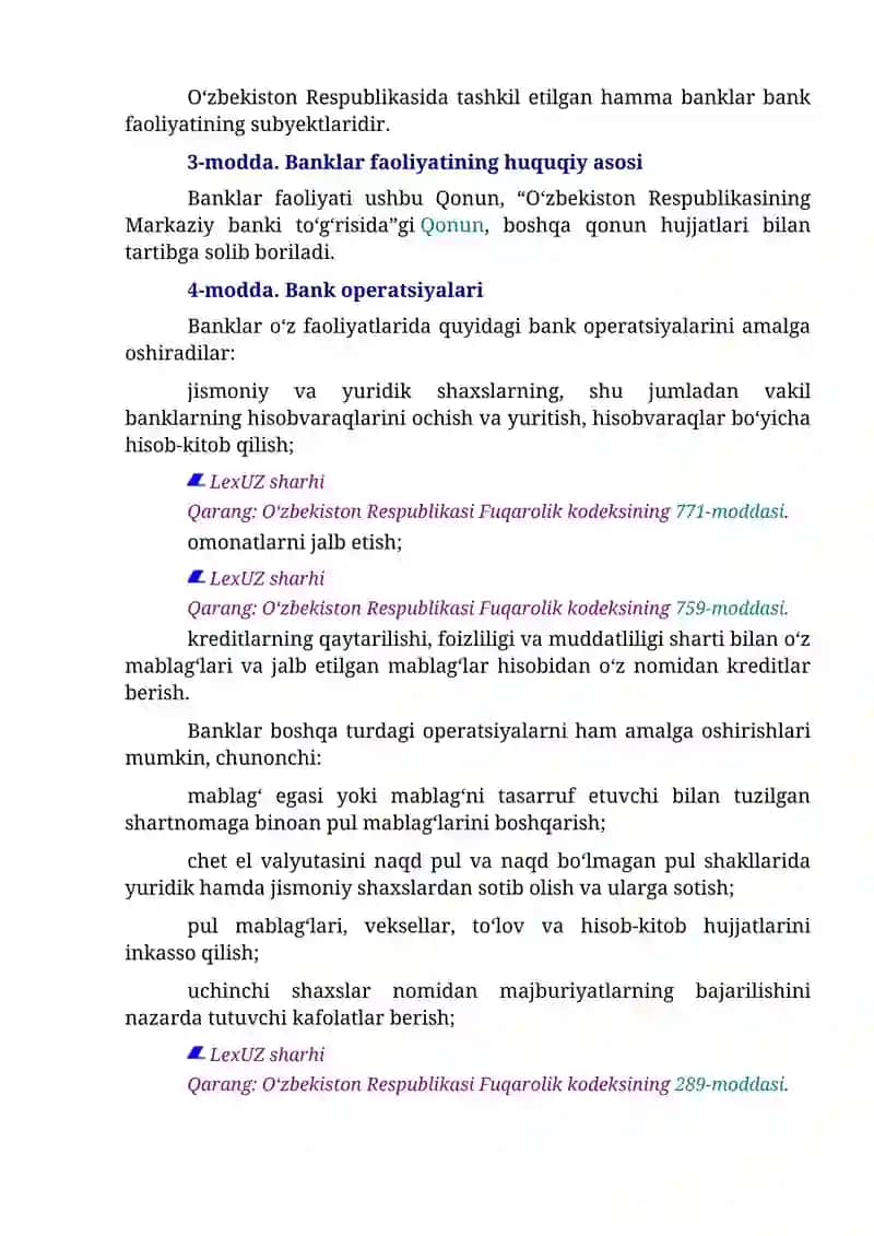 O‘zbekiston RESPUBLIKASINING QONUNI BANKLAR VA BANK FAOLIYATI TO‘G‘RISIDA 2
