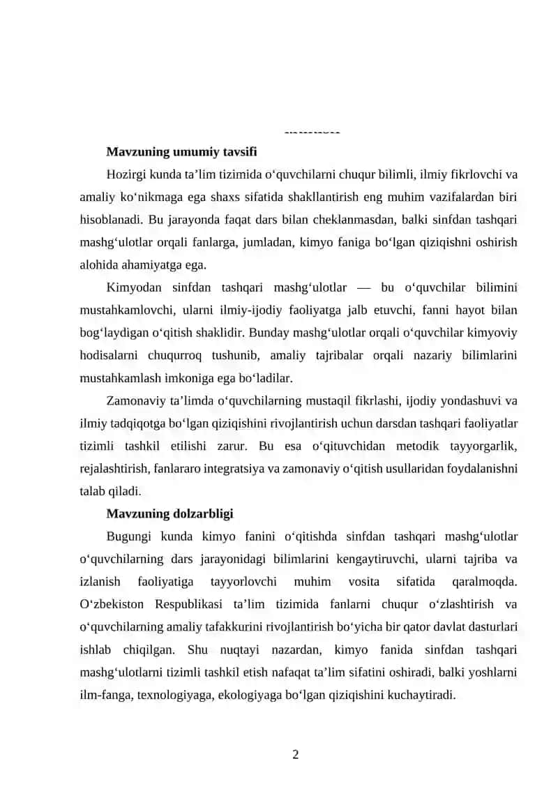 Kimyodan sinfdan tashqari mashg‘ulotlar sistemasi va o‘tkazish metodikasikimyo 2