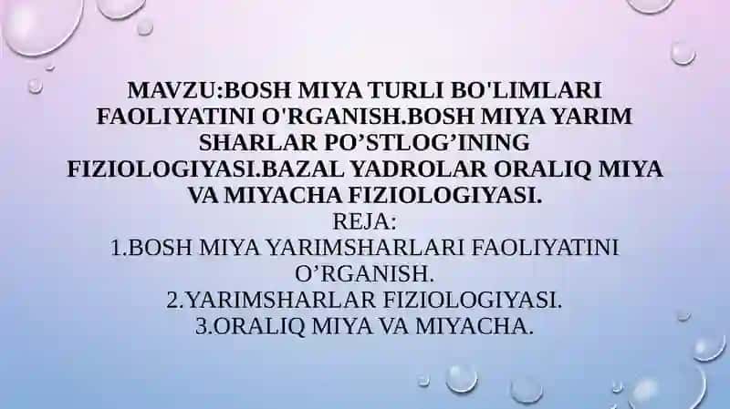 Bosh miya turli bo'limlari faoliyatini o'rganish.Bosh miya yarim sharlar po’stlog’ining fiziologiyas 2
