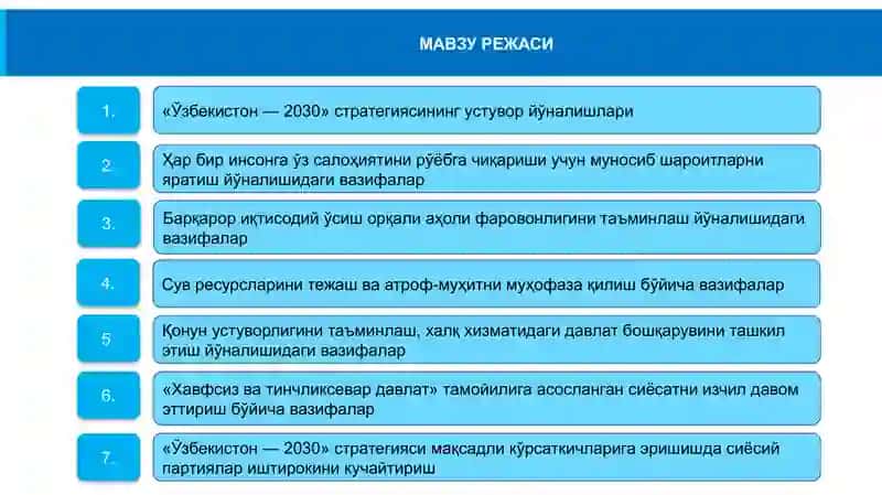 «ЎЗБЕКИСТОН — 2030» СТРАТЕГИЯСИНИ АМАЛГА ОШИРИШ ВА УНИНГ МАҚСАДЛИ КЎРСАТКИЧЛАРИГА ЭРИШИШДА СИЁСИЙ ПАРТИЯЛАРНИНГ ИШТИРОКИ 2