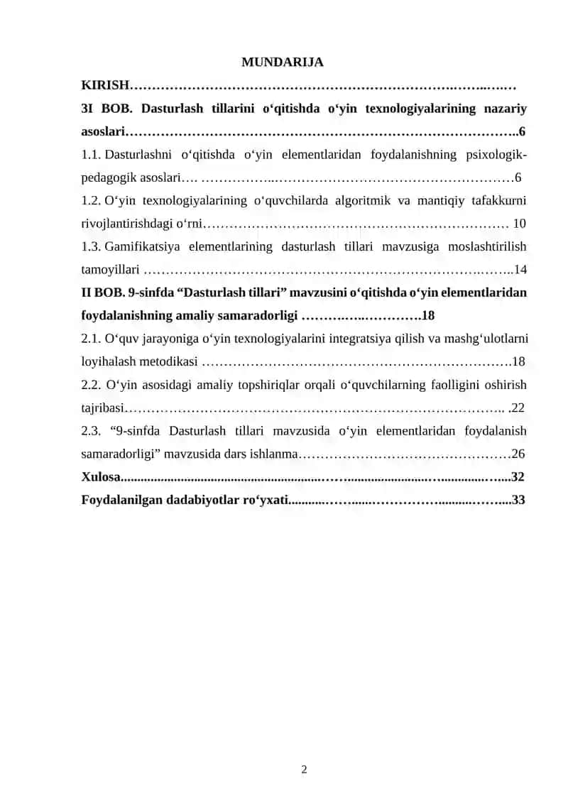 9-sinfda Dasturlash tillari mavzusida o‘yin elementlaridan foydalanish samaradorligi 2