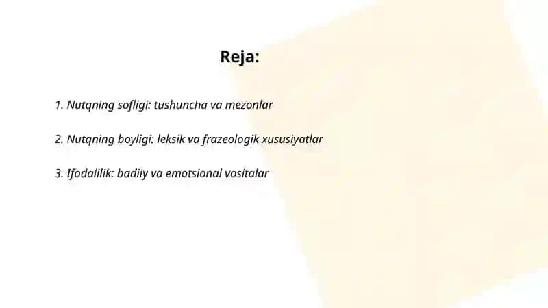Oğzaki madaniy nutqning asosiy kommunikativ sifatlari:nutqning sofligi,boyligi,ifodaliligi voqealanishi tahlili - Xolbozorova Sarvinoz 2