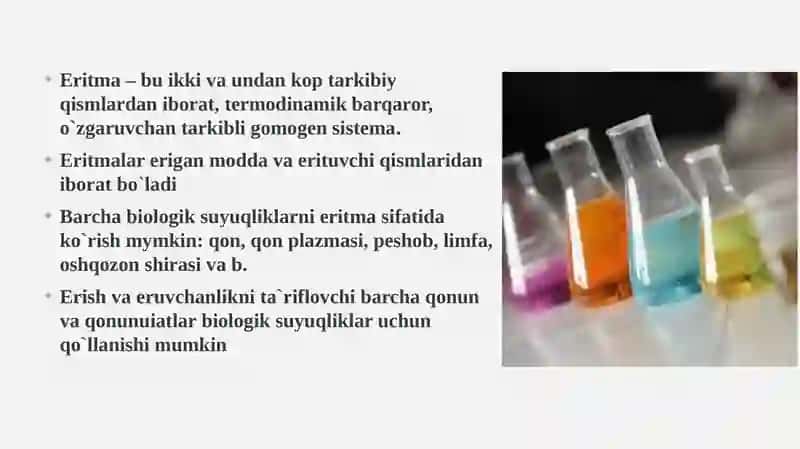 Eritmalar. Eritmalarning kolligativ hossalari. Kislota asosli muvozanat. Bufer sistemalar. 2