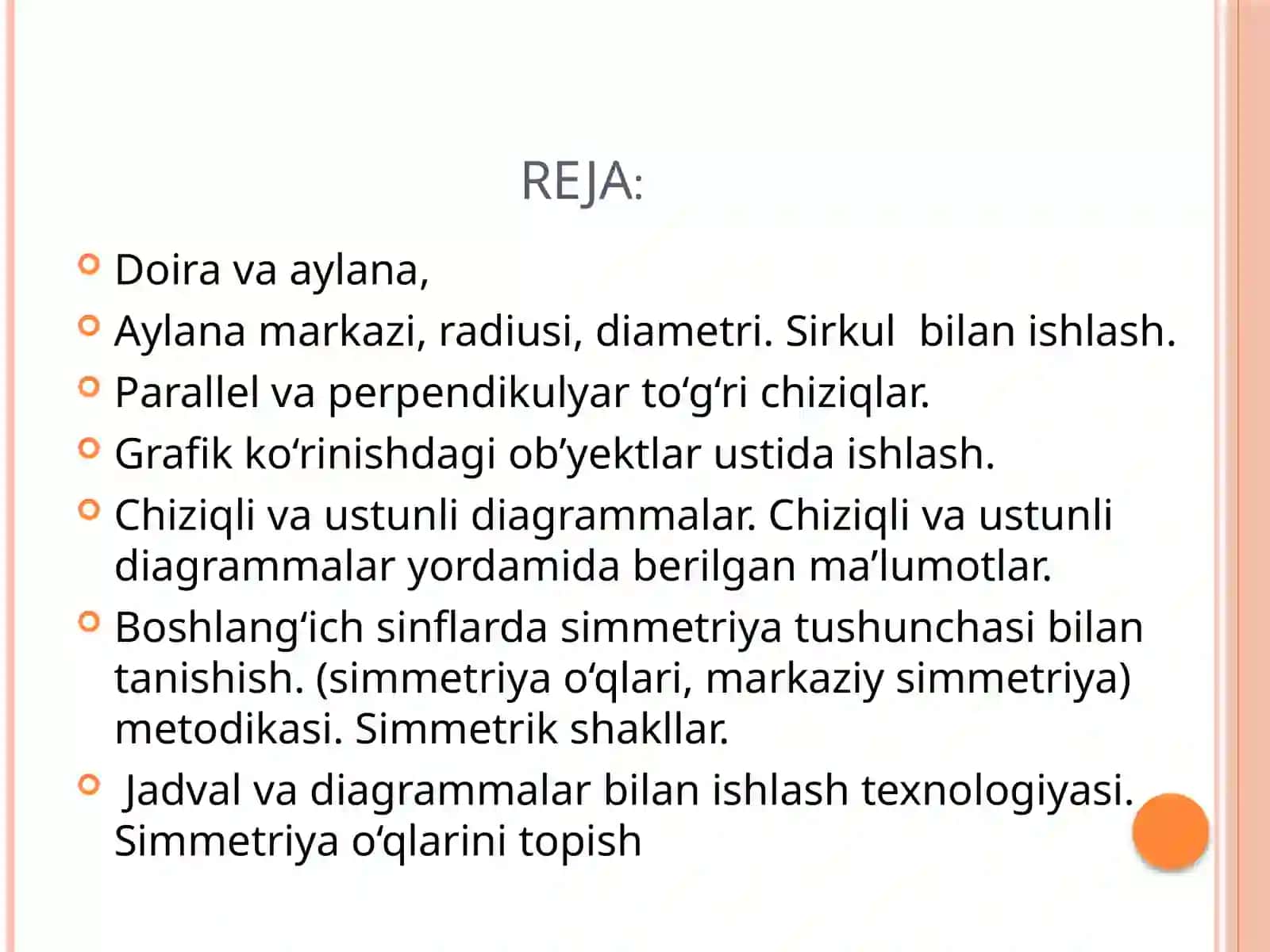 Koordinata burchagi. Sodda grafiklar, diagrammalar, jadvallar. Simmetriya 2